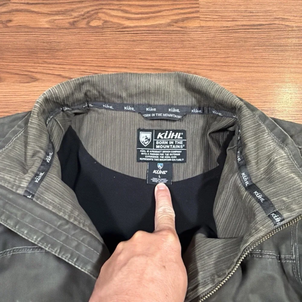 Kuhl Burr Jacket Mens Sz L Army Green Vintage Patina Dye Lined Canvas Chore Hike